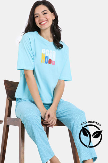 Buy Zivame Pixel Play Knit Cotton Pyjama Set - Blue Radiance